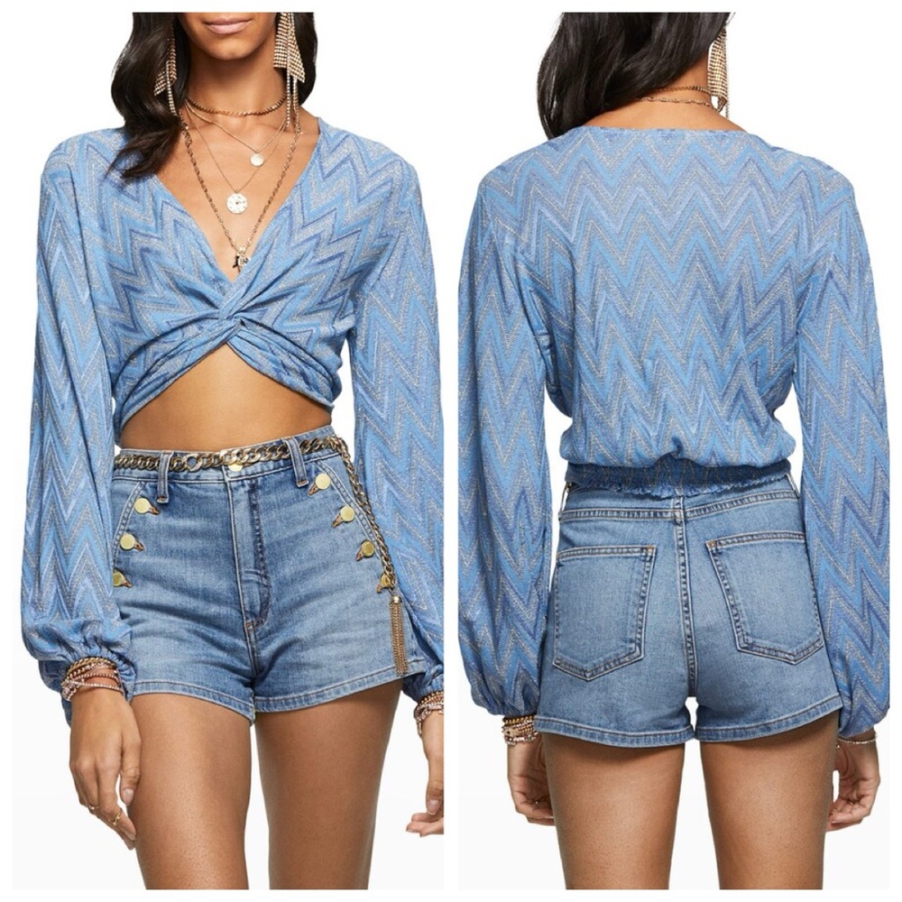 Ramy Brook Chevron Dakota Twist-Front Crop Top in Metallic Blue
